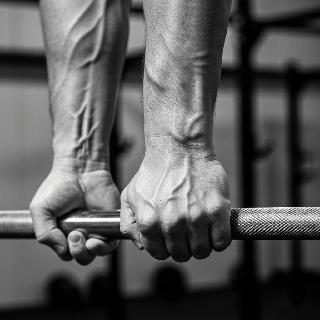 Chalk-covered hands gripping a heavy barbell with intense focus